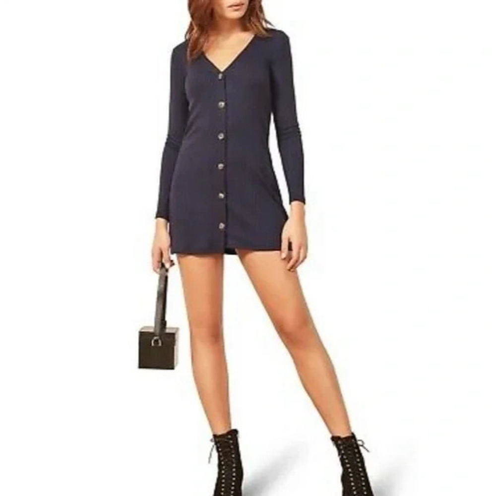 Reformation Agatha Knit Ribbed Dress Blue Navy Long Sleeve Button Down V Neck S